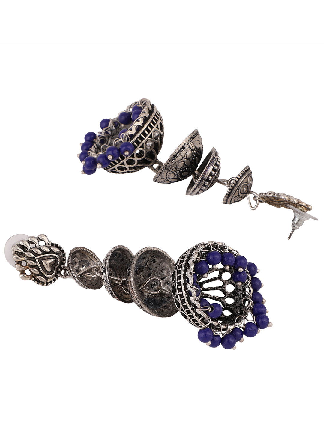 Women's Designer Silver Tone Oxidised Blue Bead Jhumka Earring