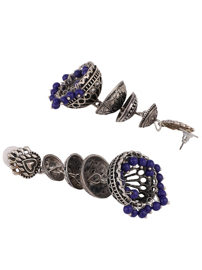 Women's Designer Silver Tone Oxidised Blue Bead Jhumka Earring