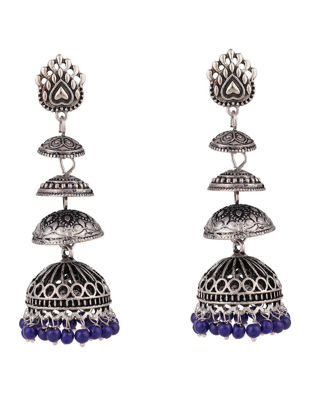 Women's Designer Silver Tone Oxidised Blue Bead Jhumka Earring