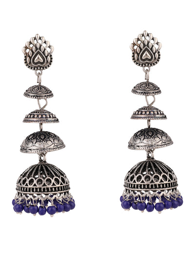 Women's Designer Silver Tone Oxidised Blue Bead Jhumka Earring