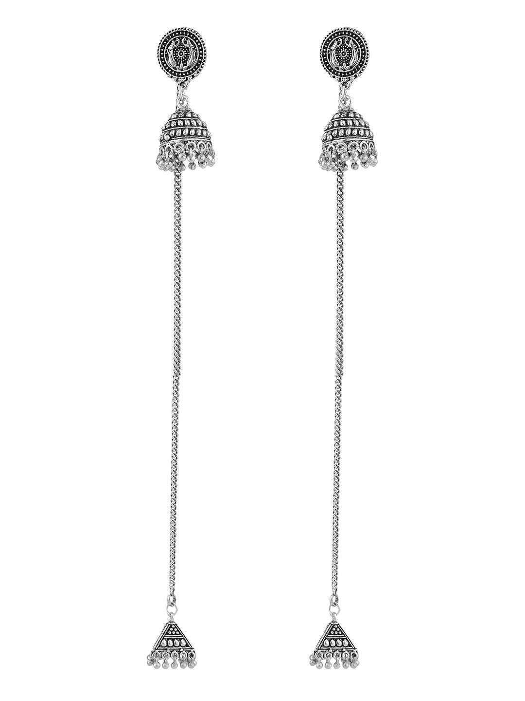 Women's Oxidised Silver Traditional Look Jhumka With Ear Chain