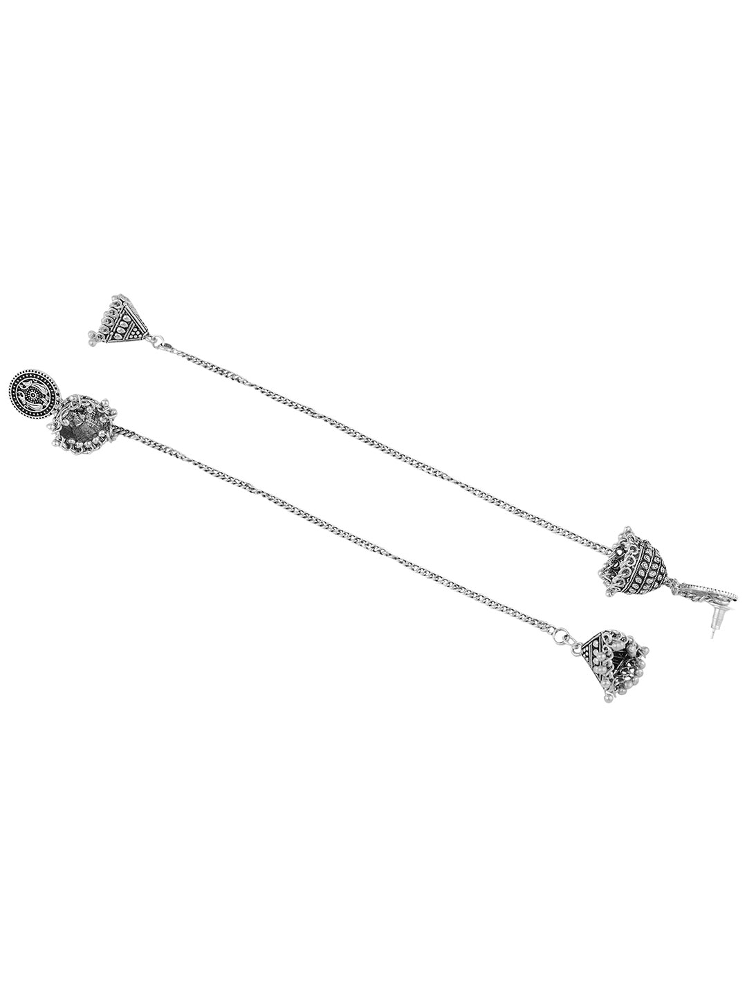 Women's Oxidised Silver Traditional Look Jhumka With Ear Chain