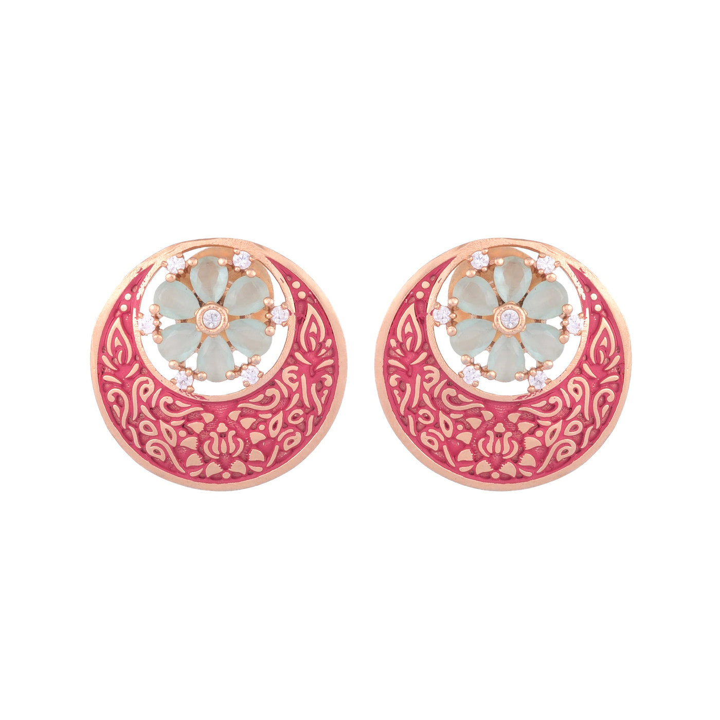 Beautiful Red Enamelled Studs Chandbali Stylesmall Earrings With Blue Diamond Embellishments for Women and Girls