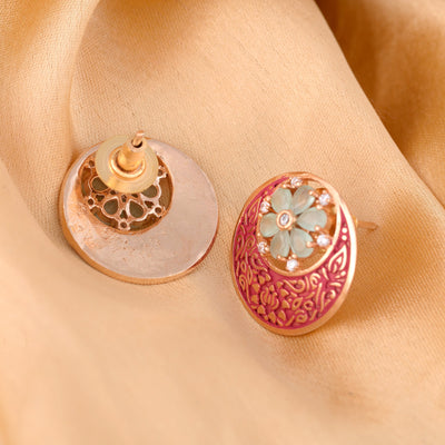 Beautiful Red Enamelled Studs Chandbali Stylesmall Earrings With Blue Diamond Embellishments for Women and Girls