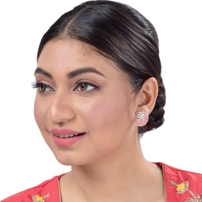 Beautiful Red Enamelled Studs Chandbali Stylesmall Earrings With Blue Diamond Embellishments for Women and Girls