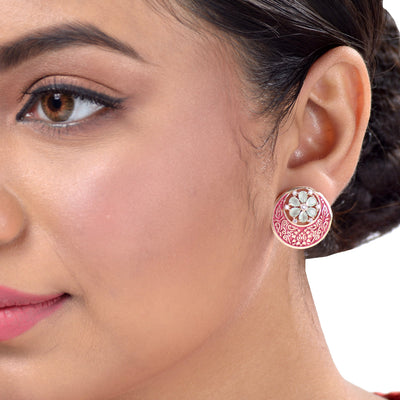 Beautiful Red Enamelled Studs Chandbali Stylesmall Earrings With Blue Diamond Embellishments for Women and Girls