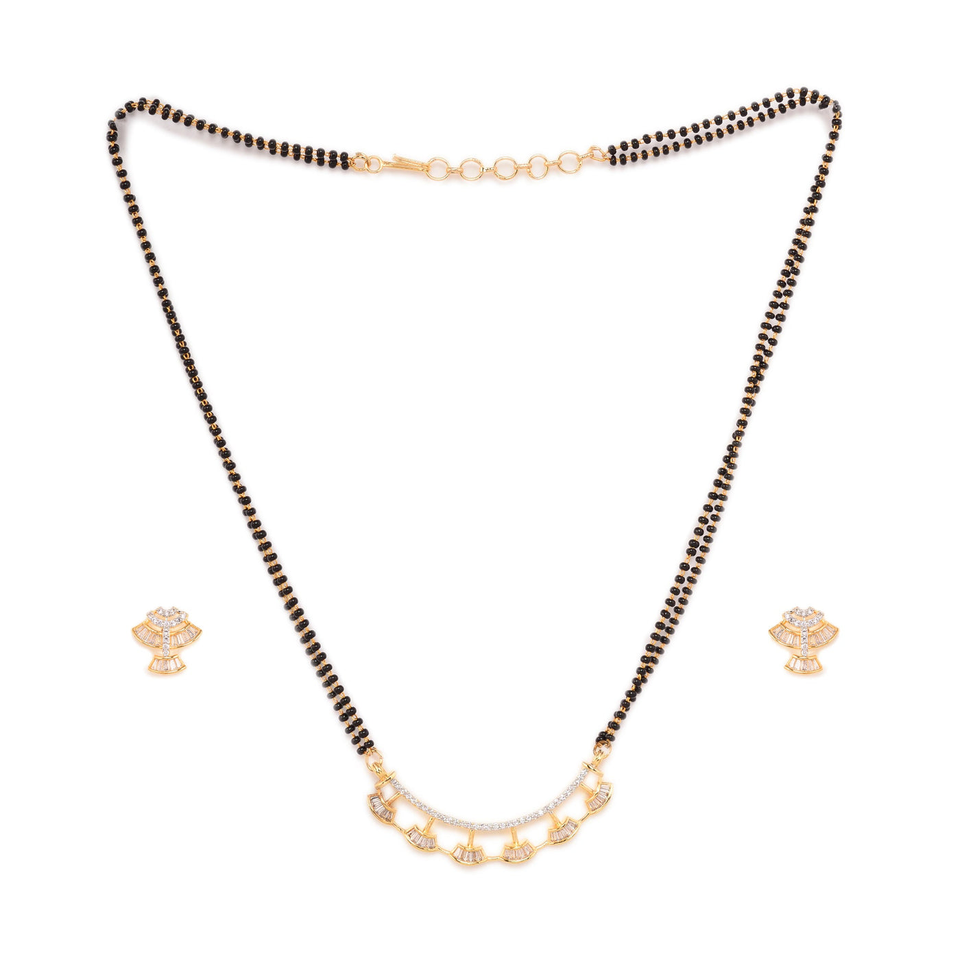 Women's Gold Plated With Black Beads Ad Studded Mangalsutra Pendant With Earrings Set