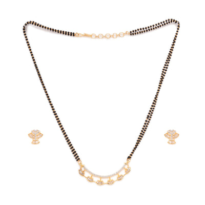 Women's Gold Plated With Black Beads Ad Studded Mangalsutra Pendant With Earrings Set