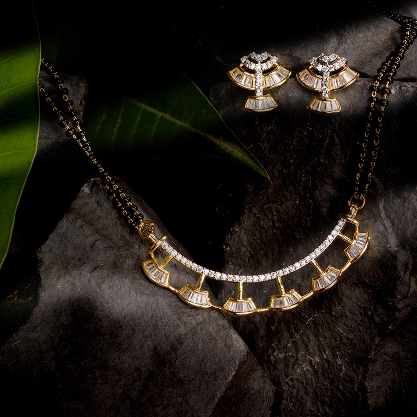 Women's Gold Plated With Black Beads Ad Studded Mangalsutra Pendant With Earrings Set