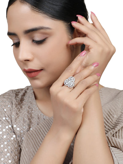 Women's Silver-Plated Ad Studded Circular Hand Crafted Adjustable Finger Ring