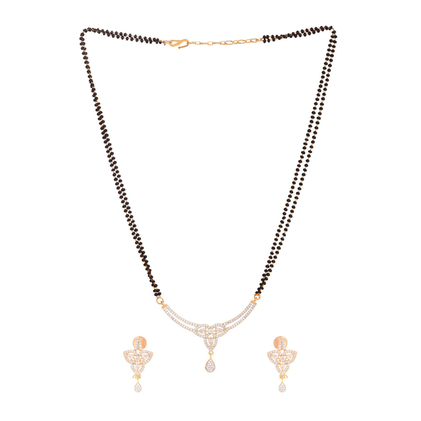 Women's Gold Plated Black & White Ad -Studded & Beaded Mangalsutra With Earrings