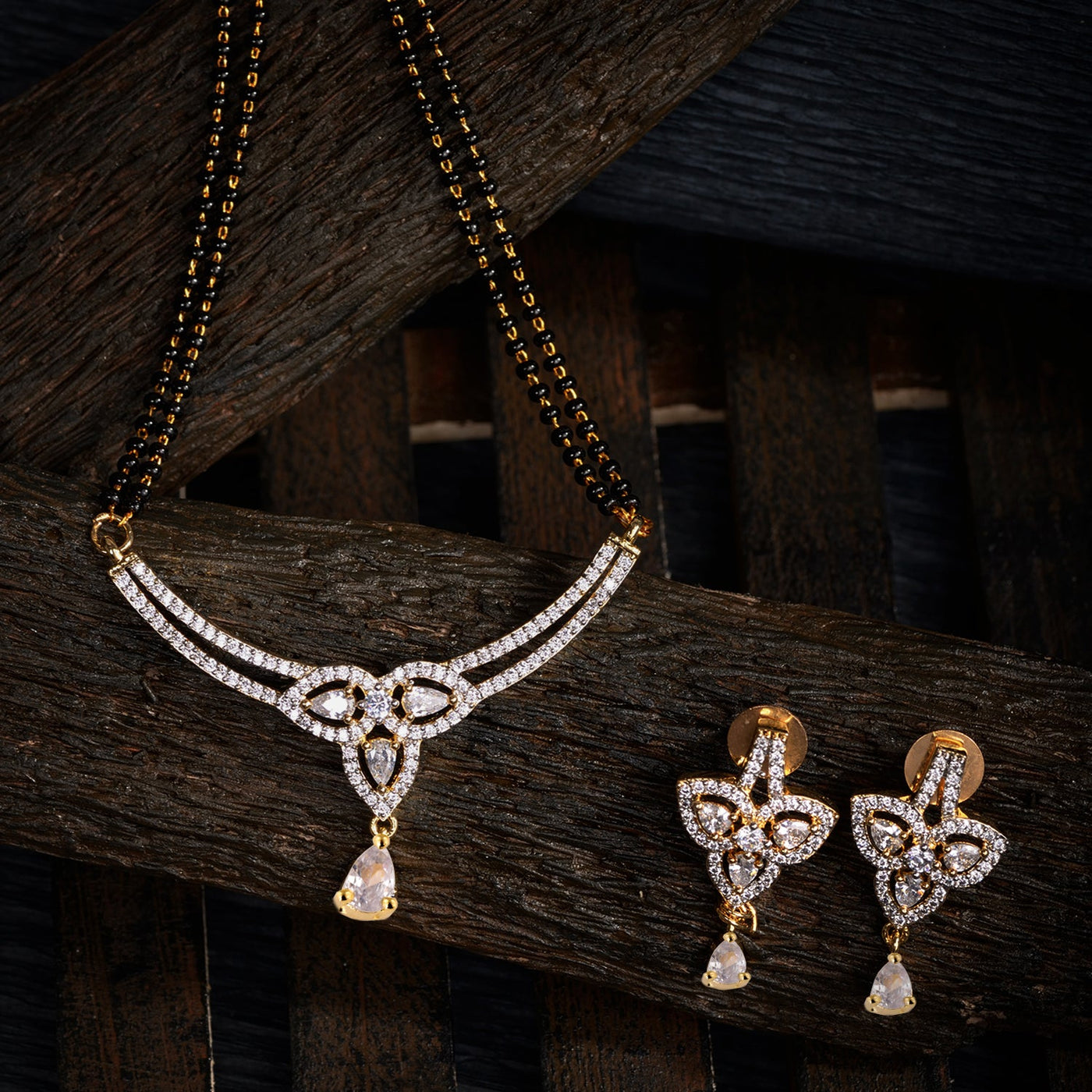 Women's Gold Plated Black & White Ad -Studded & Beaded Mangalsutra With Earrings