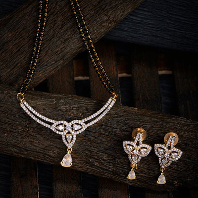 Women's Gold Plated Black & White Ad -Studded & Beaded Mangalsutra With Earrings