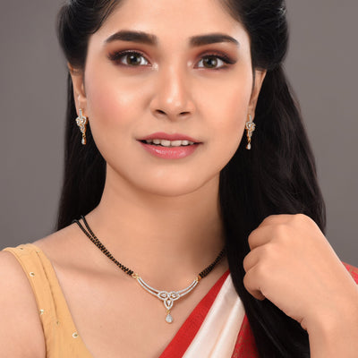 Women's Gold Plated Black & White Ad -Studded & Beaded Mangalsutra With Earrings