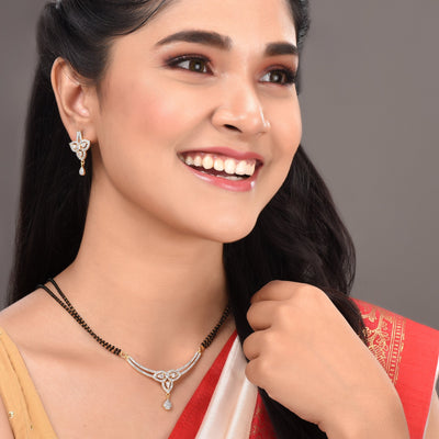 Women's Gold Plated Black & White Ad -Studded & Beaded Mangalsutra With Earrings