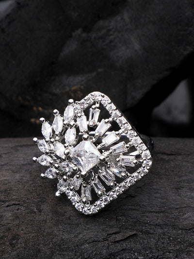 Women's Silver Plated Trendy American Diamond Square Shaped Ring