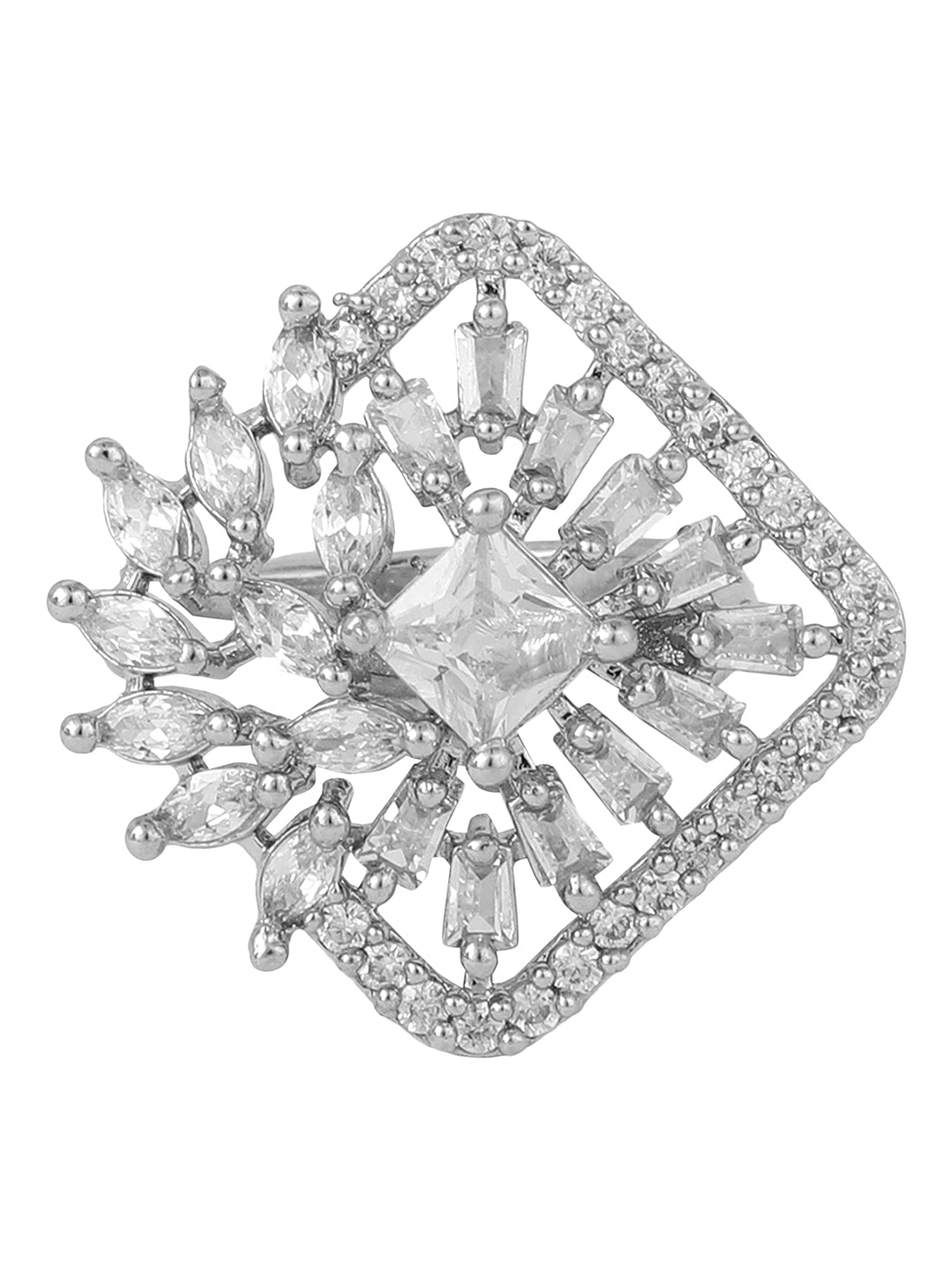 Women's Silver Plated Trendy American Diamond Square Shaped Ring