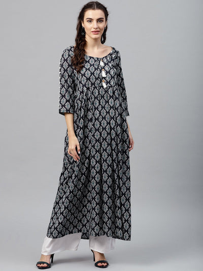 Women's Round Neck Black & White Printed Maxi Dress With 3/4 Sleeves And Emblished With Tassels
