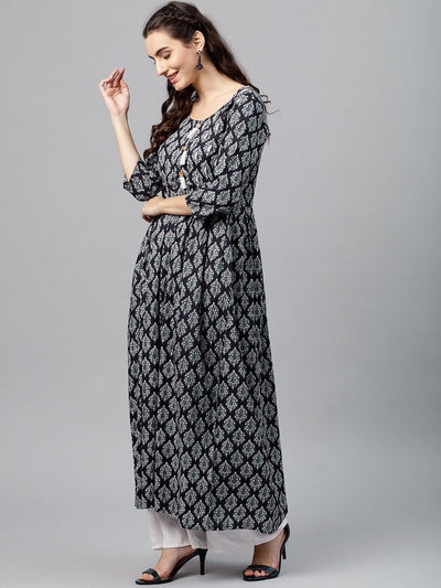 Women's Round Neck Black & White Printed Maxi Dress With 3/4 Sleeves And Emblished With Tassels