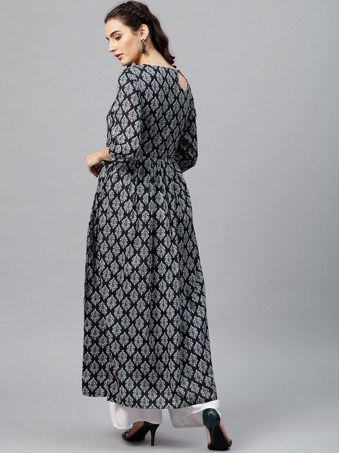 Women's Round Neck Black & White Printed Maxi Dress With 3/4 Sleeves And Emblished With Tassels