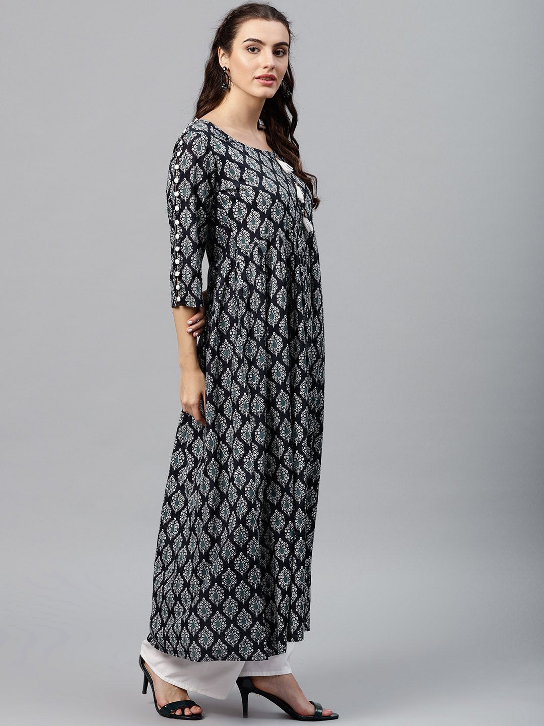 Women's Round Neck Black & White Printed Maxi Dress With 3/4 Sleeves And Emblished With Tassels
