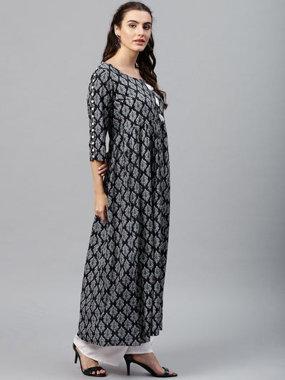 Women's Round Neck Black & White Printed Maxi Dress With 3/4 Sleeves And Emblished With Tassels