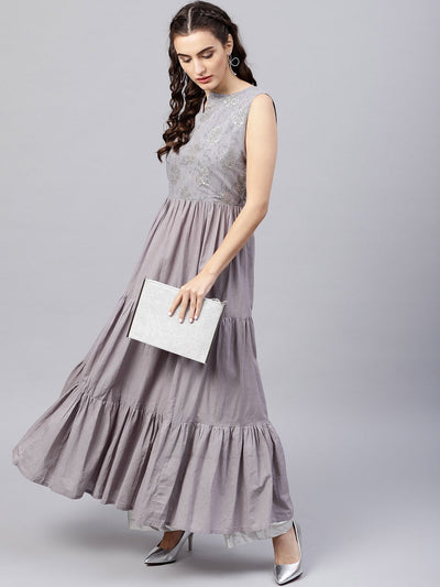 Women's Sleeveless Grey Tiered Maxi Dress With Key Hole Neckline