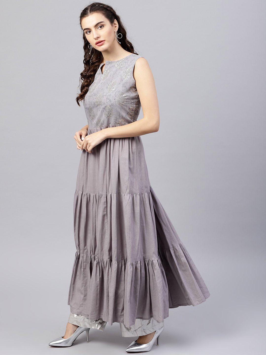 Women's Sleeveless Grey Tiered Maxi Dress With Key Hole Neckline
