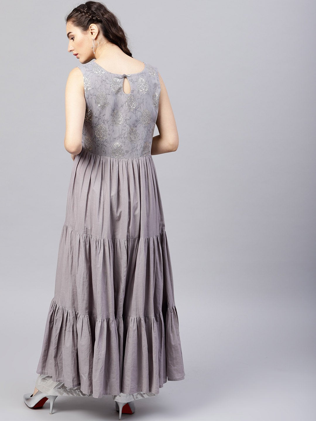 Women's Sleeveless Grey Tiered Maxi Dress With Key Hole Neckline