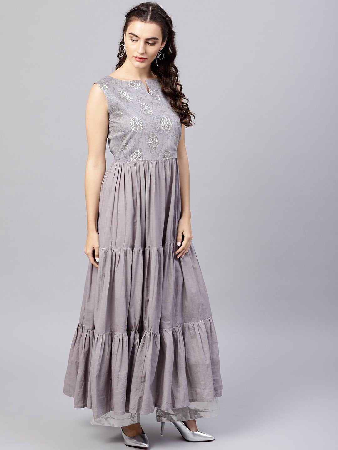 Women's Sleeveless Grey Tiered Maxi Dress With Key Hole Neckline