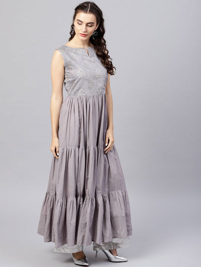 Women's Sleeveless Grey Tiered Maxi Dress With Key Hole Neckline