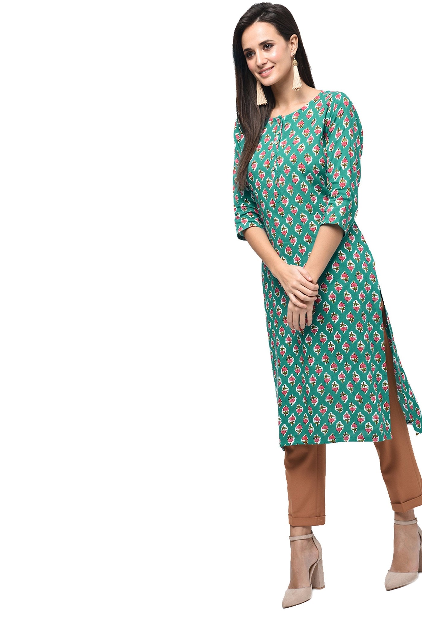 Women's Green Rayon Printed Half Sleeve Round Neck Casual Kurta Only