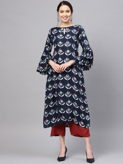 Women's Dark Blue Rayon Printed Balloon Sleeve Round Neck Casual Kurta Only