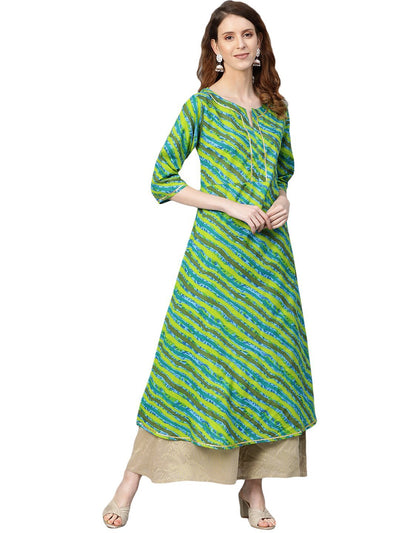 Women's Green Printed 3/4 Sleeve Cotton Round Neck Casual Kurta Only
