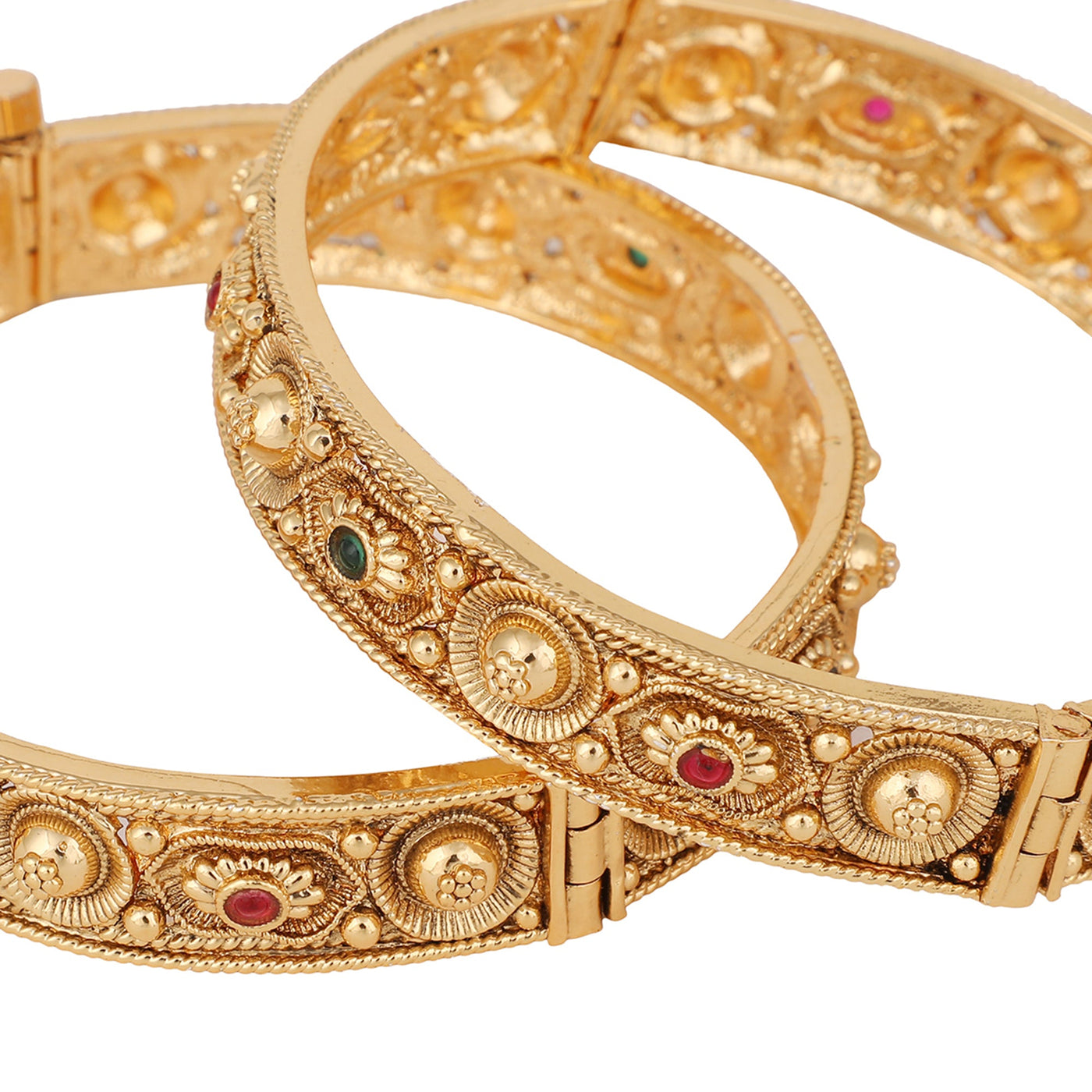 Women's Set Of 2 24K Gold-Plated & Pink Stone-Studded Hand Crafted Filigree Bangles