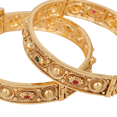 Women's Set Of 2 24K Gold-Plated & Pink Stone-Studded Hand Crafted Filigree Bangles