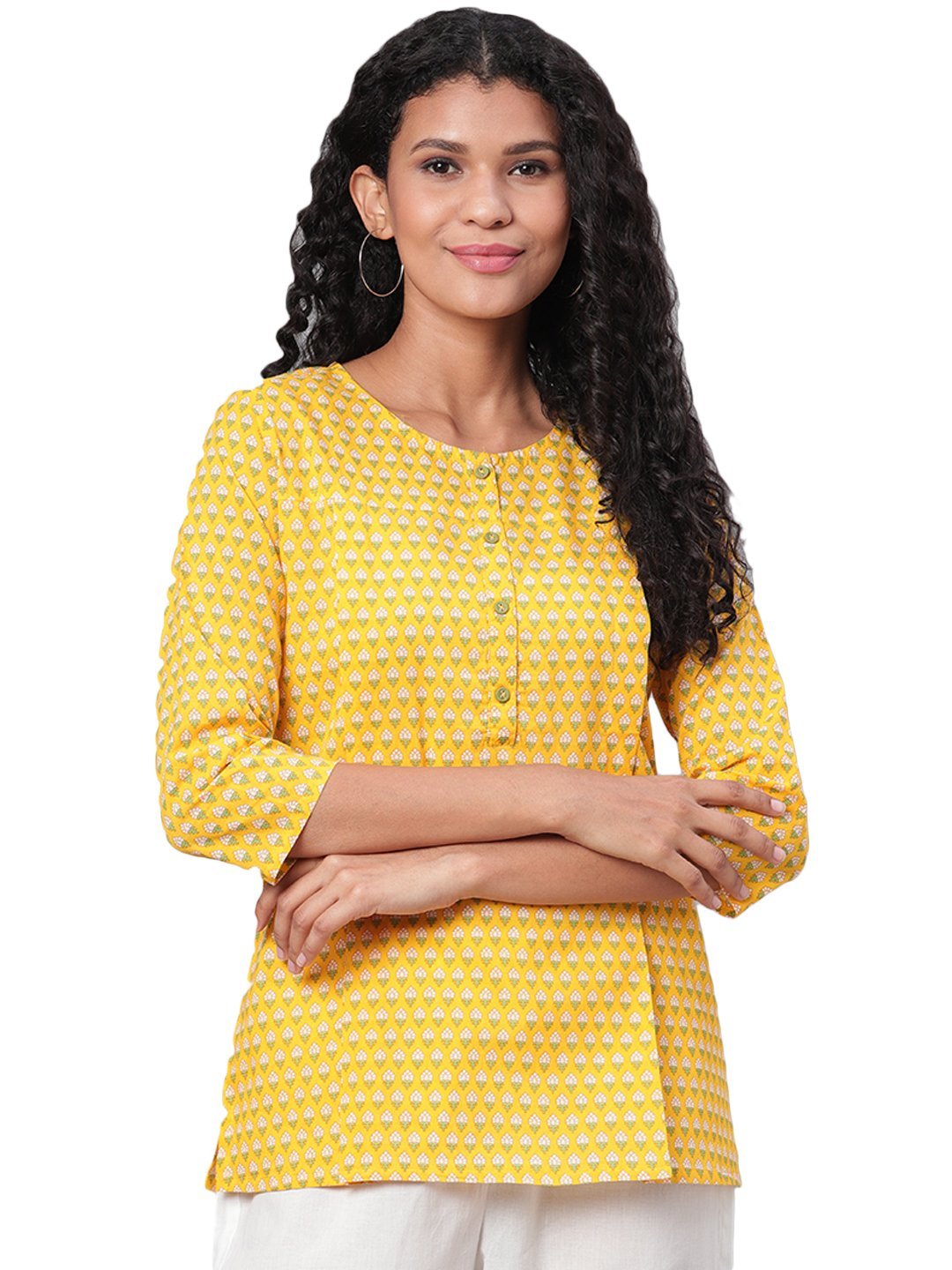 Women Yellow Cotton Printed Short Kurti by Myshka