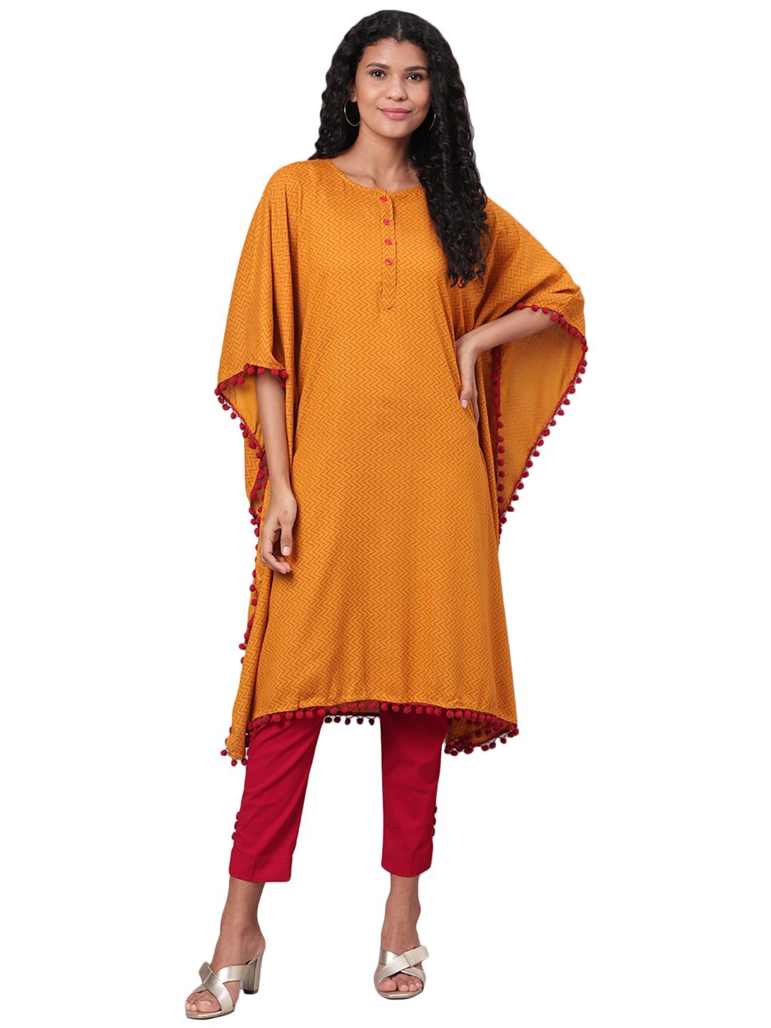 Women's Yellow Printed Sleeveless Round Neck Cotton Slub Casual Kaftaan Top