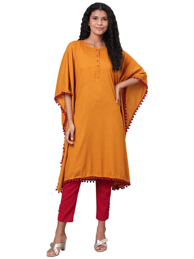 Women's Yellow Printed Sleeveless Round Neck Cotton Slub Casual Kaftaan Top