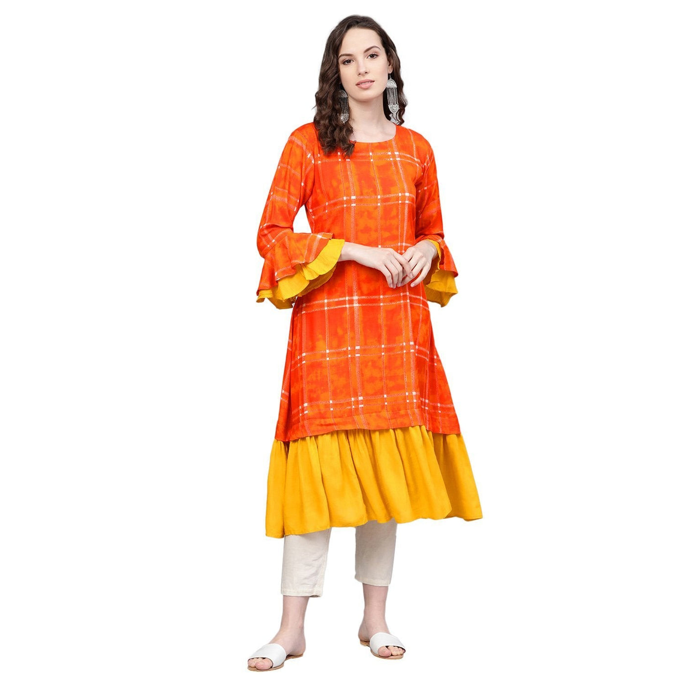 Women's Orange Rayon Printed 3/4 Sleeve Round Neck Casual Kurta Only