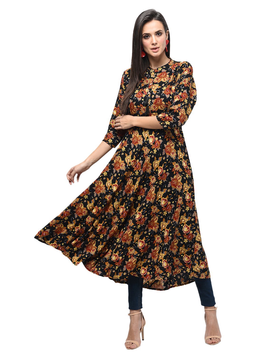 Women's Black Rayon Printed Regular Sleeves Collared Neck Casual Kurta Only