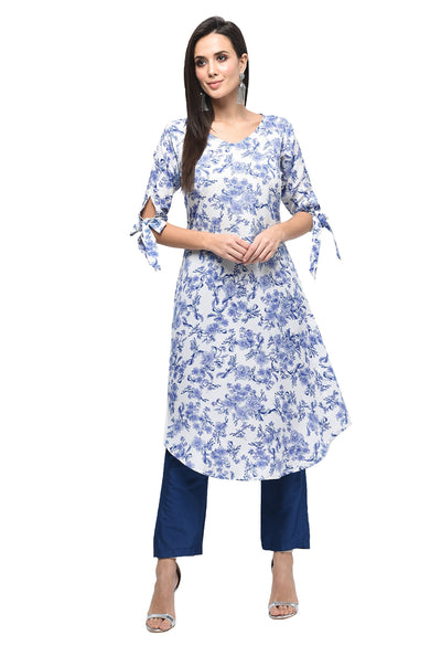 Women's Blue Polyester Printed 3/4 Sleeve Round Neck Kurta Only