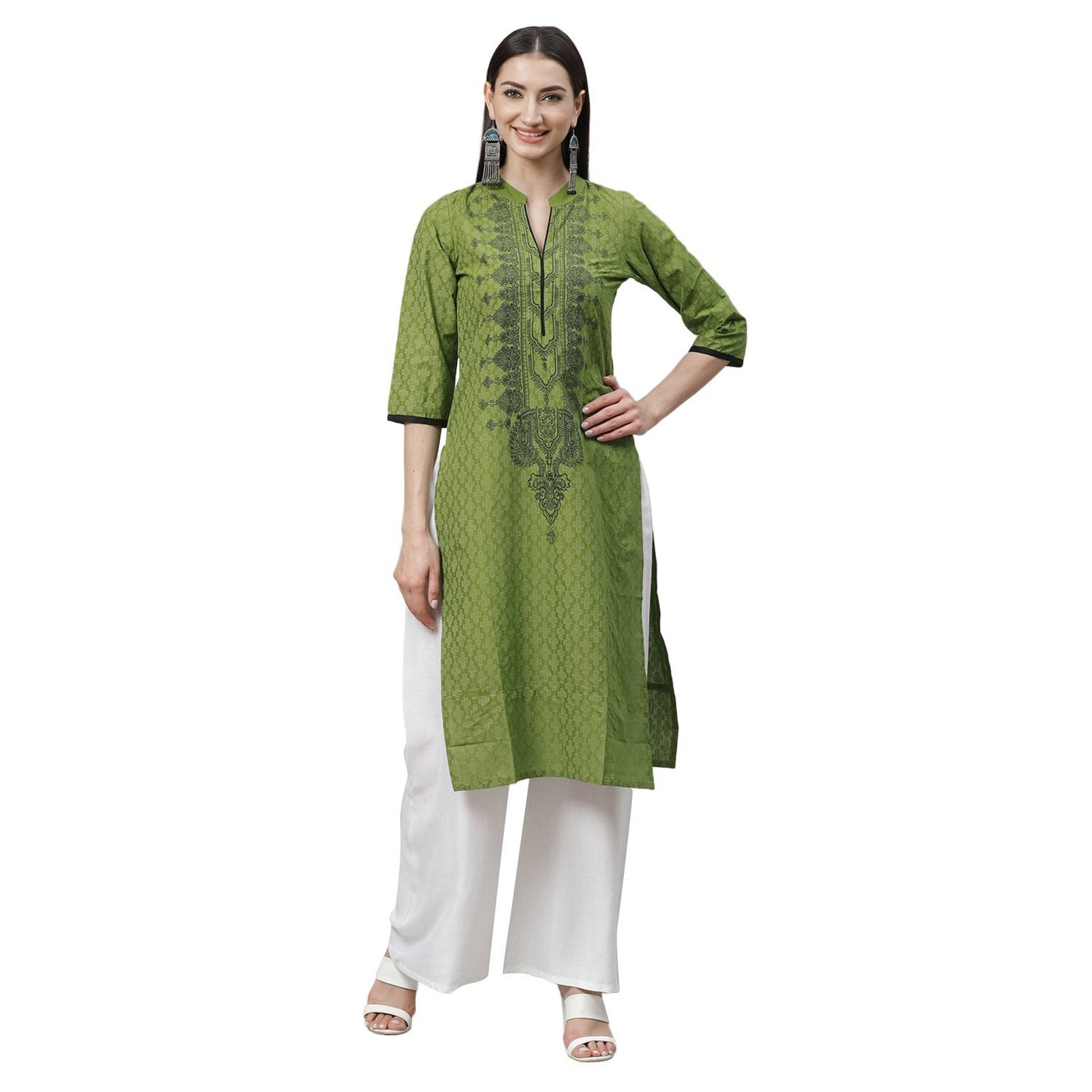 Women's Green Cotton Printed 3/4 Sleeve Mandrin Neck Casual Kurta Only