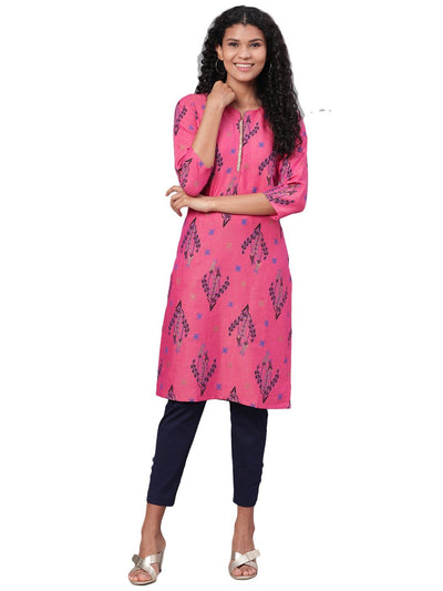 Women's Pink Printed 3/4 Sleeve Rayon Round Neck Casual Kurta Only