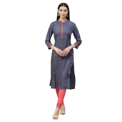 Women's Grey Rayon Printed 3/4 Sleeve Collar Casual Kurta Only