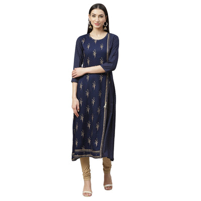 Women's Navy Blue Rayon Gold Print Printed 3/4 Sleeve Round Neck Casual Kurta Only