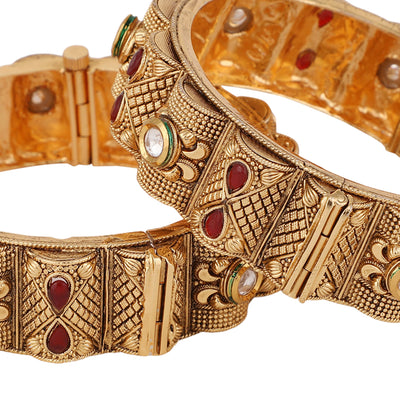 Women's Set Of 2 24 Ct Gold-Plated & Red Stone-Studded Bangles