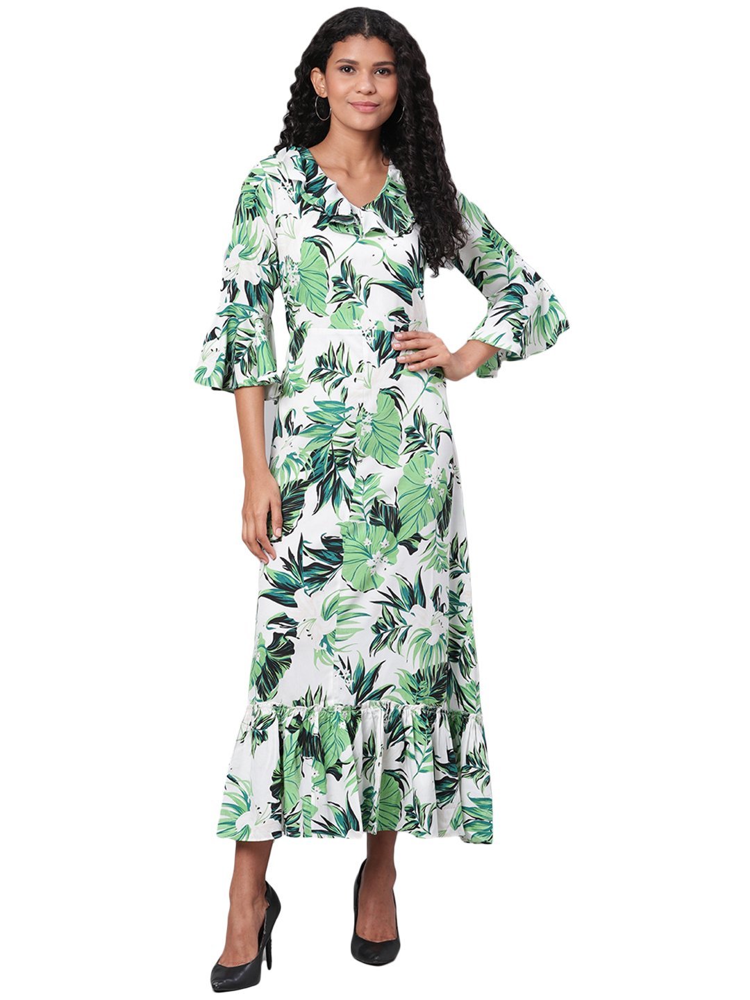 Women's Green Printed 3/4 Sleeve Polyester V Neck Casual Kurta Only