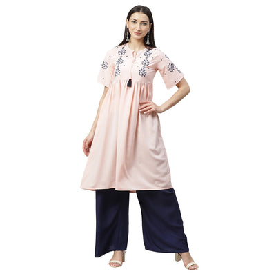 Women's Pink Ravera Crepe 100% Polyester Printed Half Sleeve Round Neck Casual Kurta Only