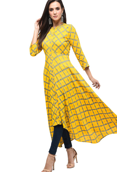 Women's Green Cotton Printed Regular Sleeves Collared Neck Casual Kurta Only